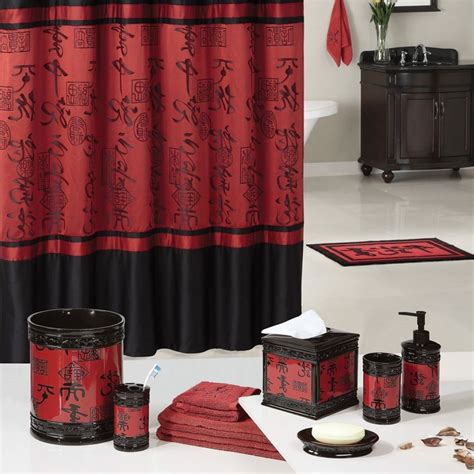 black and red bathroom accessories set